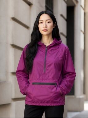 Woolrich 1595 Plum Half-Zip Hooded Windbreaker Nylon w/ Jacket Kangaroo Pocket M